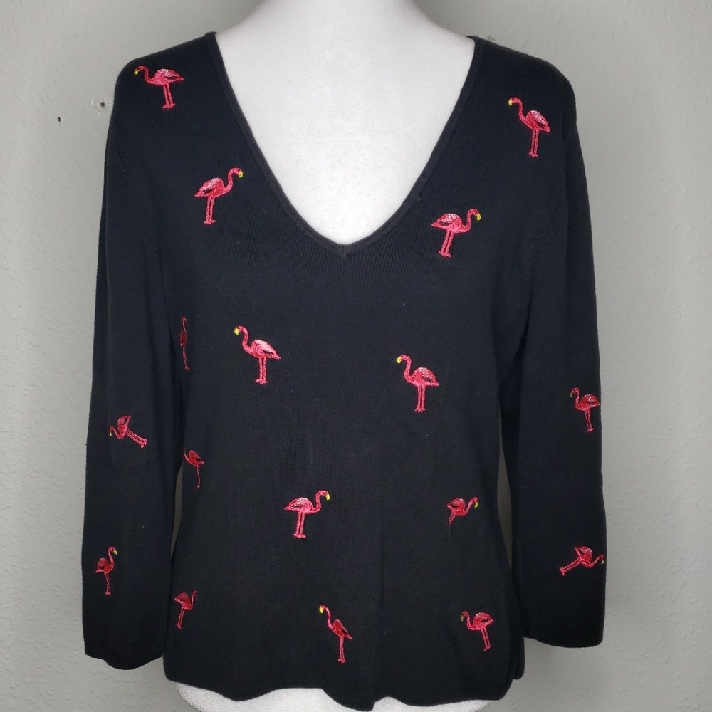 Vintage Eagles Eye Embroidered Flamingo Knit Cotton V Neckline Sweatshirt Size L